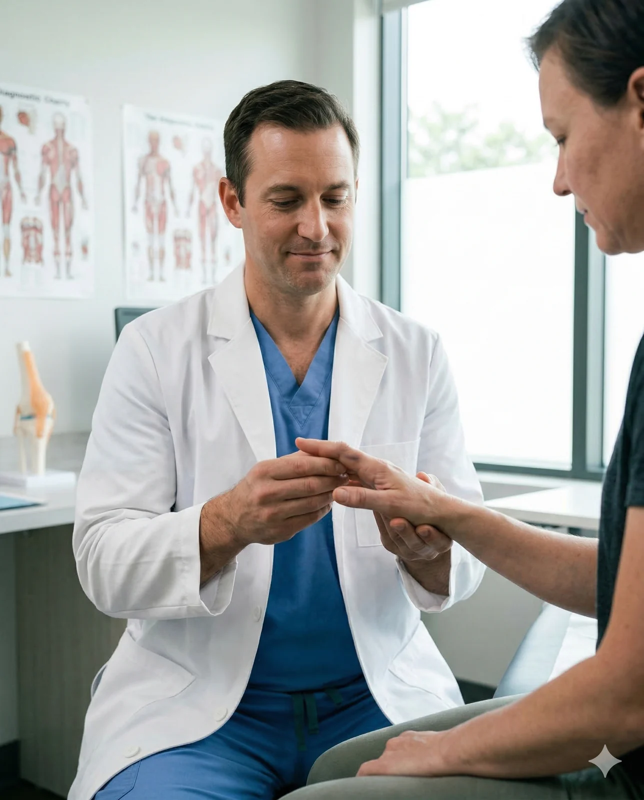 Badanie kliniczne palca podczas konsultacji po urazie ręki